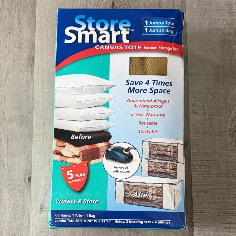 Canvas Tote Vacuum Storage Bag - White and Blue